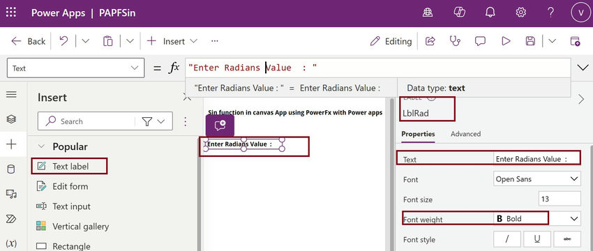 Set the name and text